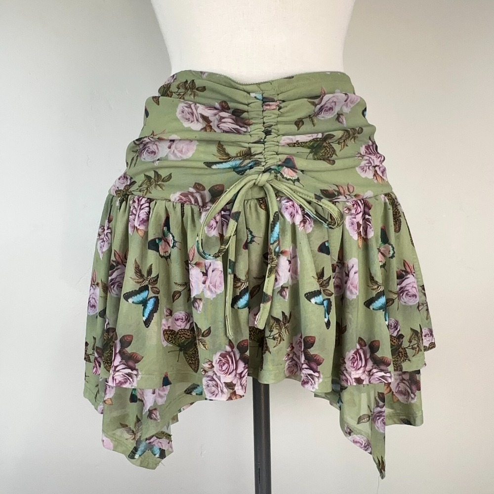 Forest Fairy Woodland Mini Skirt Sz Medium Floral Butterfly Motif Asymmetrical